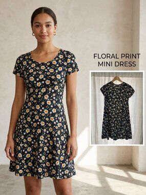 Primark Floral Mini Dress Black White Pink | US 2 / EUR 34